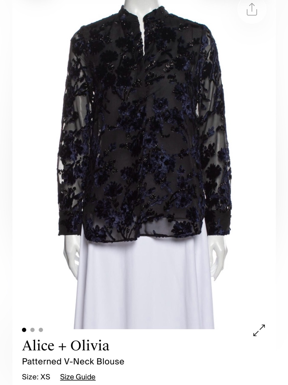 Alice + Olivia Black Sheer V-Neck Blouse with Navy Floral Flock